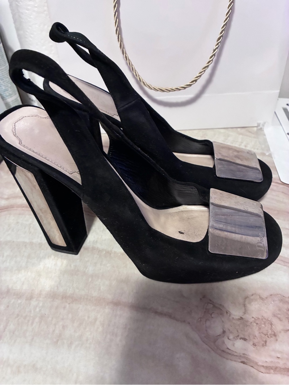 Dior Black Suede Slingback Block Heel with Silver Toe Plaque